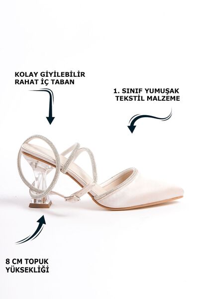 Limeo Pantofi de seară de damă cu toc inalt din satin siret cu dungi de piatra crem