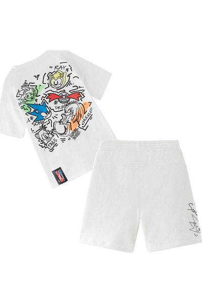 Lolliboomkids Boy's Sega Super Sonic Printed Ecru Color Oversize T-shirt Bermuda Shorts Set