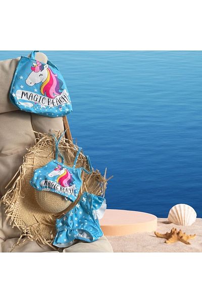 Lolliboomkids Σετ μπικίνι για κορίτσια Mickey Unicorn με στάμπα με λεπτομέρεια τσάντα παραλίας