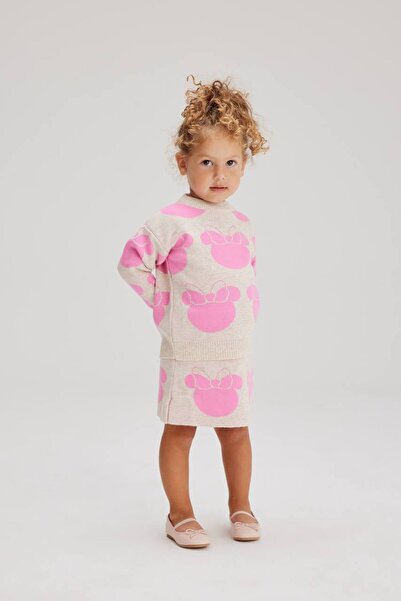 Lolliboomkids New Season Pink Mickey Patterned Turtleneck Knitwear Set - Sweater Skirt 2 Pieces
