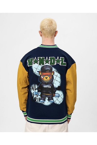 ibeeka Men's Clothing New Season Embroidery Lettering Figure Detail Appliqued Leather Sleeve Cuff Detailed College Coat / Jacket