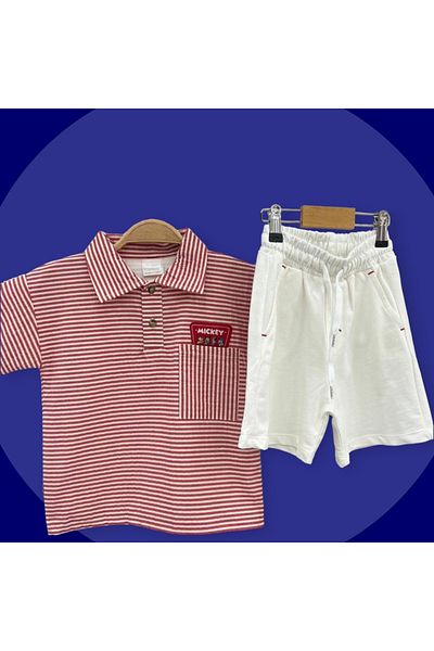 Lolliboomkids New Season Red Striped Polo Collar T-shirt Ecru Bermuda Shorts Set Set of 2