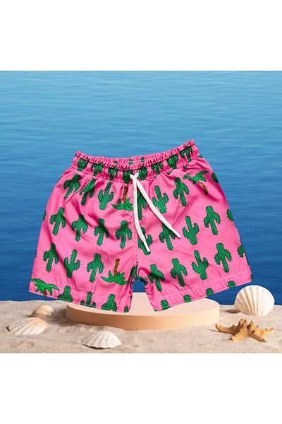 Lolliboomkids New Season Boy's Cactus με εμπριμέ ροζ πράσινο χρώμα με κορδόνια σορτς με πλέγμα πλήρες / κανονική εφαρμογή