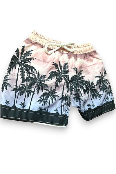 Lolliboomkids Costum de baie pentru băiat, culoare pastel, cu model palmier, cu talie elastică, pantaloni scurți din plasă