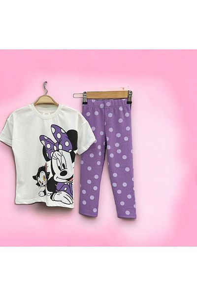 Lolliboomkids New Season Girl's Camisole Tights T-Shirt Set Purple Polka Dot Mickey Printed
