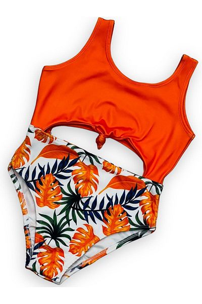 Lolliboomkids Girl's Belly Tie Detailed Orange Color Tropical Amazon Leaf Detailed Swimsuit / Mayokini