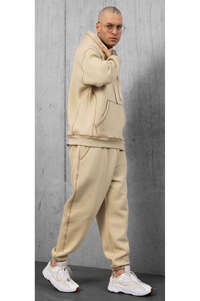 ibeeka New Season Men's Clothing Stone Color Reverse Stitching Detailed Kangaroo Pocket Style / Sporty Suit