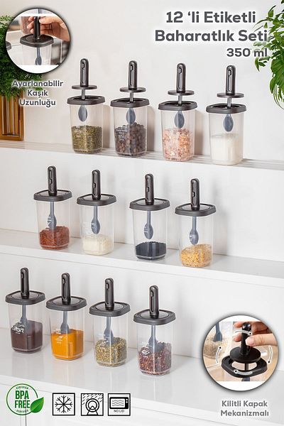 Porsima 1100 12-Piece Sliding Self-Spoon Sealed Lid Labeled Spice Rack Set - Storage Container