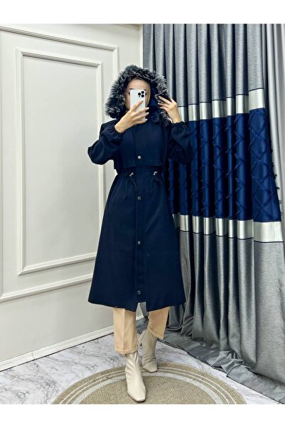 Mandal Fermuar Detaylı Kaşe Kaban Lacivert Rengi