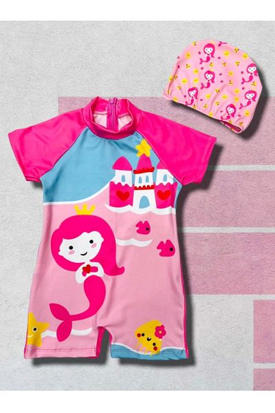 Lolliboomkids Girl's Swimsuit and Bonnet Set Castle Character Printed Short Sleeve Zipper Closure Swimsuit and Cap Set