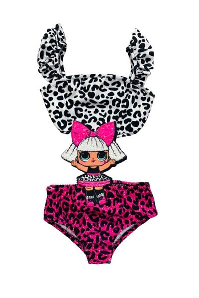 Lolliboomkids Costum de baie leopard pentru fete - ținută și termeni de baseball alb-negru