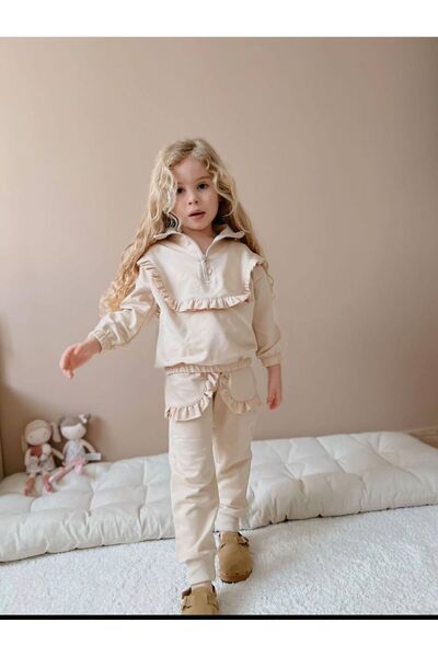 Lolliboomkids New Season Girl's Stone Colored RuFFle DeTailed Collar and zipper Suit Set