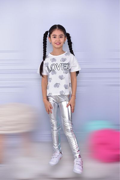 Lolliboomkids New Season Girl's Metallic Lame Silver Color Short Sleeve Love Print T-Shirt Set of 2