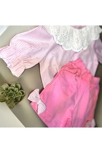 Lolliboomkids Pink Plaid Lace Collar Shorts Set - Top Bow Knit
