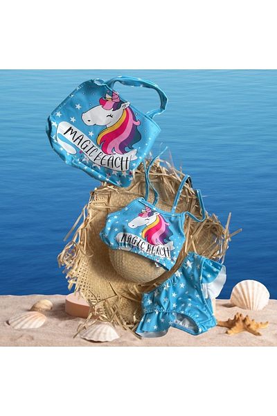Lolliboomkids Σετ μπικίνι για κορίτσια Mickey Unicorn με στάμπα με λεπτομέρεια τσάντα παραλίας