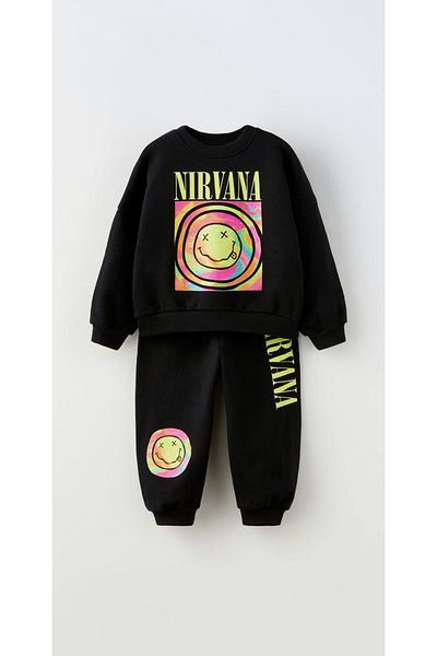Lolliboomkids Set de jos și de sus Nirvana imprimat pe culoarea neagră