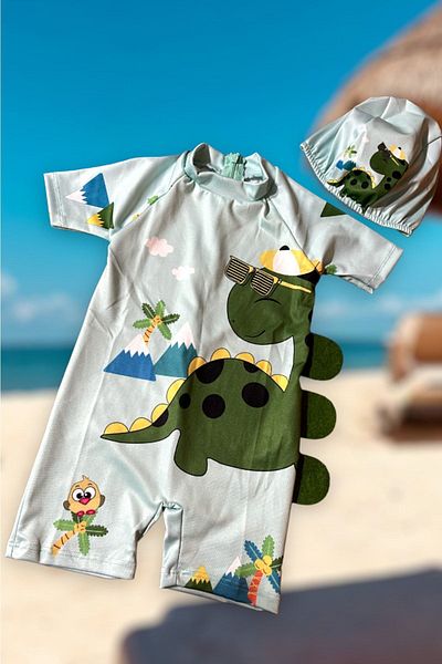 Lolliboomkids Boy's Short Sleeve Back Zipper Cute Dinosaur Pattern Felt Detailed Hipster Swimming Swimsuit Bonnet Gift