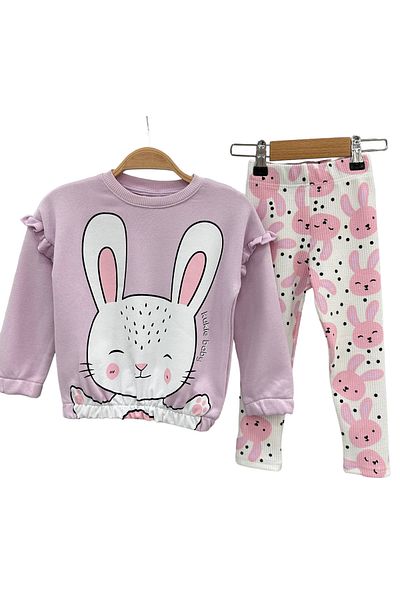 Lolliboomkids Girl's Rabbit Printed Ribbed Tights Waist Drawstring Sleeve Ruffle Detailed Bottom Top Set Lilac Color
