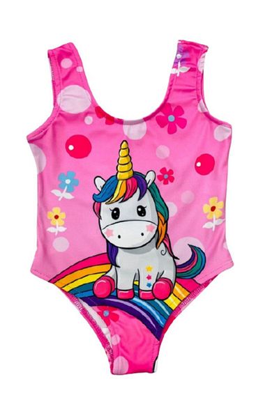 Lolliboomkids Girl's Floral Cute Unicorn Themed Pink Color Strappy Swimsuit