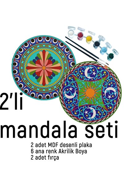 dudu ahşap 2Li Mandala Boyama Seti- 2 DESENLİ PLAKA-6 RENK AKRİLİK BOYA-2 ADE...