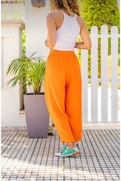 ibeeka High Waist Orange Muslin Trousers - Wide Cut Bohemian Style