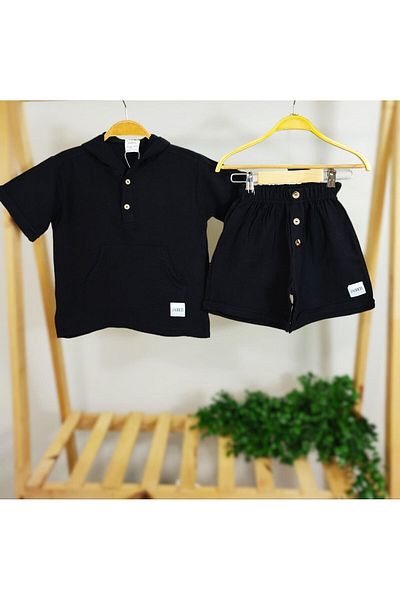 Lolliboomkids Țesătură de muselină neagră - Set de pantaloni scurți și tricou cu buzunar cangur și glugă
