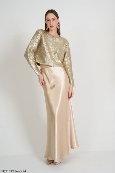 Zey Studio Women's Gold Crew Neck Scarf Detailed Knitwear Cardigan