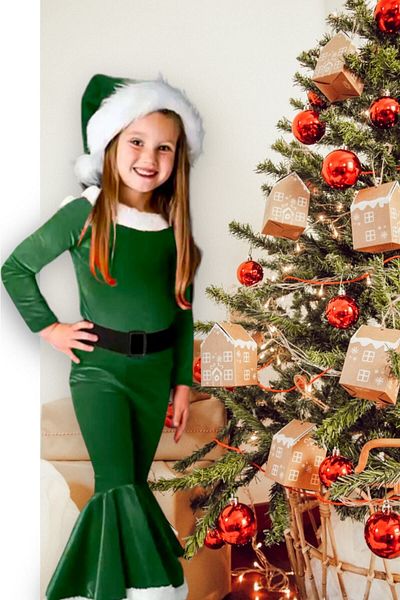 Lolliboomkids Children's Pompom Hooded New Year - Christmas Costume Jumpsuit Belt Included Shiny Pearl Velvet Fabric