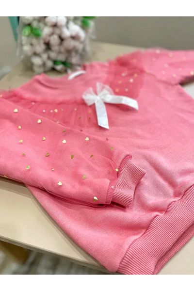 Lolliboomkids Girl's Bow Ribbon Italian Tulle Sleeve Mini Hearts Detailed Sweatshirt 3 Thread Powder Pink Color