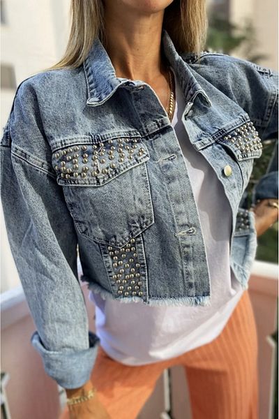 ibeeka Jachetă de damă din denim cu mărgele argintie, spălată cu pietre, închidere cu nasturi, albastru Jean