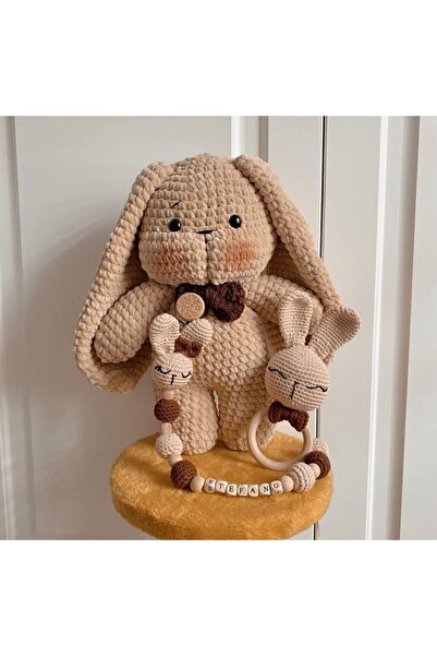 Homesinti 30cm El Yapımı Amigurumi Tavşan, Isim Yazılabilen Emzik Zinciri Ve Çıngıraklı Diş Kaşıyıcı Takımı