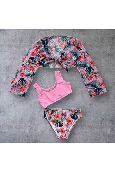 Lolliboomkids New Season Pink Floral Patterned Bolero and Pareo Bikini Set for Girl - Set of 3