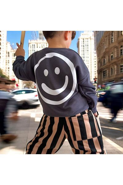 Lolliboomkids Black StripEd SmilE EffEct SwEatpants and Sweatshirt - 3 ThrEad 2 PiEcE SEt