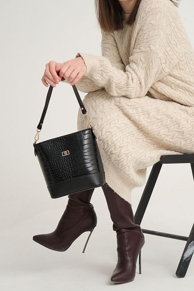mossi Black Crocodile Skin Look Women's Hand and Shoulder Bag with Strap