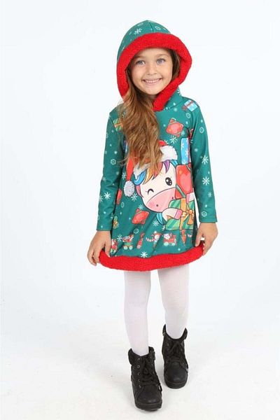 Lolliboomkids Girl's New Year Christmas Unicorn Printed Ribbon Beret with Hem Detail Costume Dress Green