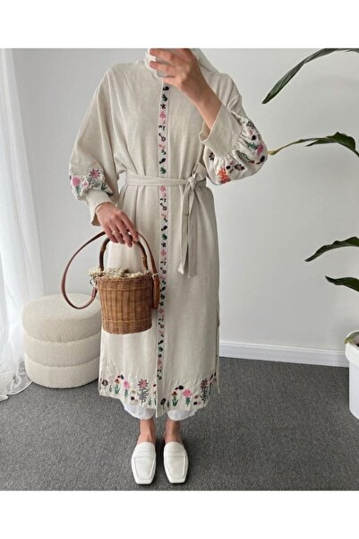 Lavanta Tekstil Κεντημένο Hijab Kimono Φόρεμα Μπεζ Λινό