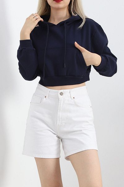 VELİZADE Hooded Kangaroo Pocket - Loose Cotton Three Thread Crop Sweatshirt 21391