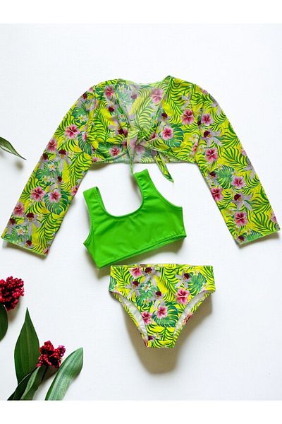 Lolliboomkids New Season Girls Neon Green Color Flowers Pattern Bolero / Σετ μπικίνι Pareo Σετ 3 τεμαχίων