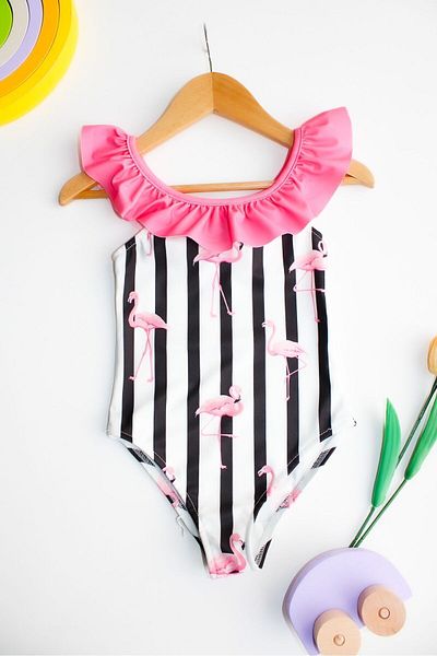 Lolliboomkids Girl's Flamingo Pattern Ruffle Collar Black White Striped Pink Detailed Swimsuit New Season