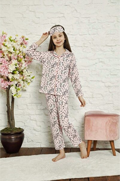 Lolliboomkids Kız Çocuk Yıldız Desen Temalı V Yaka Düğmeli Pijama Takımı Pudr...