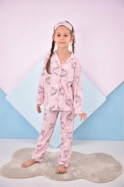 Lolliboomkids Пудрово розов комплект пижама с легендарен еднорог с шарка за нов сезон с превръзка за очи като подарък