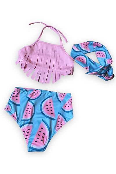 Lolliboomkids Girl's Tasseled Bikini Set High Waist Watermelon Printed Hair Accessory Pastel Pink