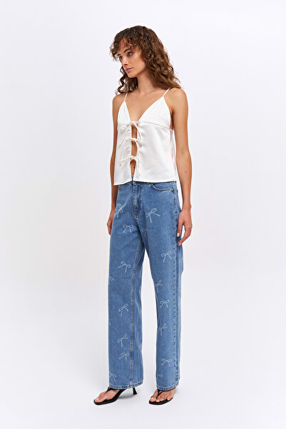 Quzu Eskitme Kurdele Detaylı Kot Pantolon Mavi
