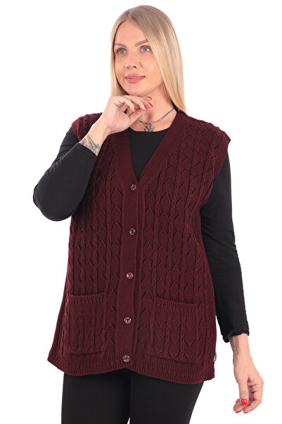 İKSUN Kadın V Yaka Kışlık Kalın Yün Zincir Modelli Triko Düğmeli Cepli Anne Yelek