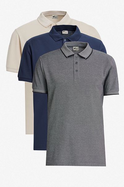 AC&Co / Altınyıldız Classics Ανδρικό μπλουζάκι πόλο με λαιμόκοψη σετ 3 τεμαχίων - Ναυτικό, Μπεζ, Μαύρο, Βαμβακερή λεπτή εφαρμογή