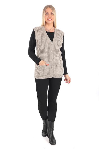 İKSUN V-Neck Winter Mother Vest - Thick Wool, Hair Knit Detail, Knitwear Pocket