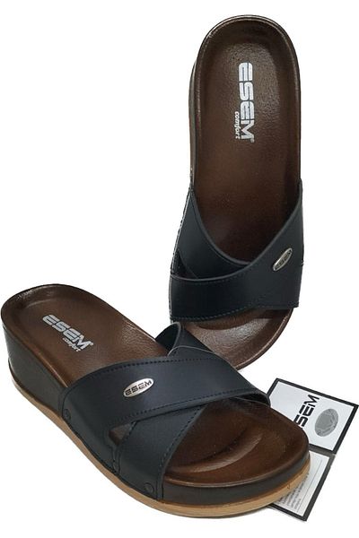 Esem Women's Black Cross Model Wedge Heel Slippers
