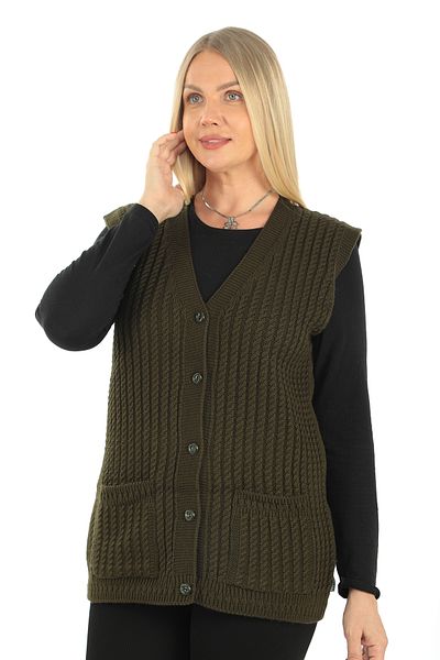 İKSUN V-Neck Winter Mother Vest - Thick Wool, Hair Knit Detail, Knitwear Pocket