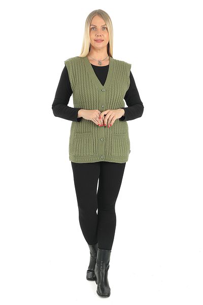 İKSUN V-Neck Winter Mother Vest - Thick Wool, Hair Knit Detail, Knitwear Pocket