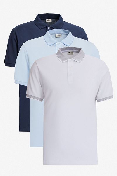 AC&Co / Altınyıldız Classics Ανδρικό Slim Fit Πόλο Μπλουζάκι 3 τεμαχίων - Λευκό, Σκούρο Μπλε, Ανοιχτό Μπλε, Η μη συρρίκνωση βαμβάκι